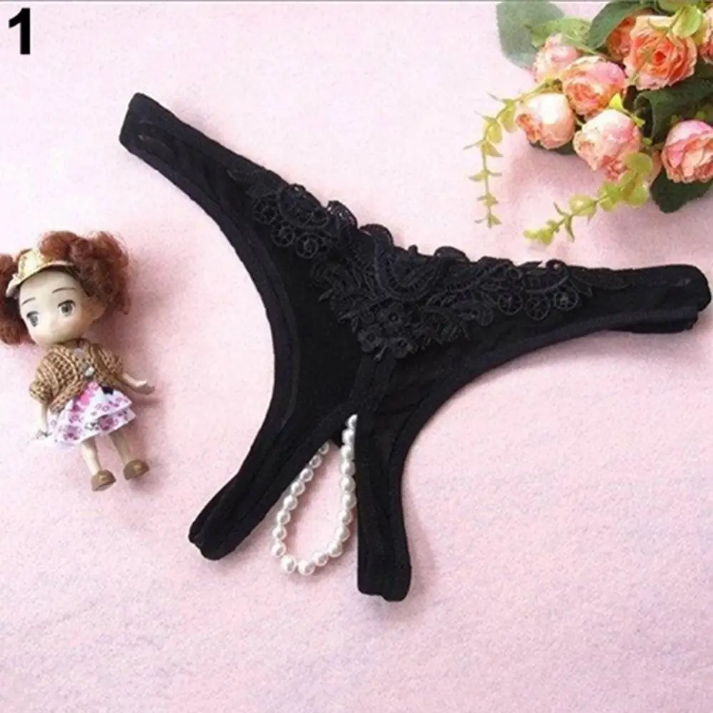 Women Sexy Crotchless Faux Pearl Decor Thong Panties Open Crotch Underwear Sexy Briefs Lace Faux Pearl Decor faux pearl espadrille flatform sliders