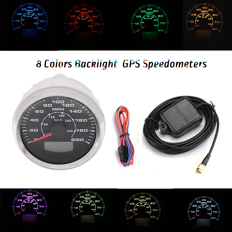 

85mm GPS Speedometers 0-200MPH 300km/h LCD Speed Odometers Speed Mileometers Trip Gauge Cog 8 Colors Backlight