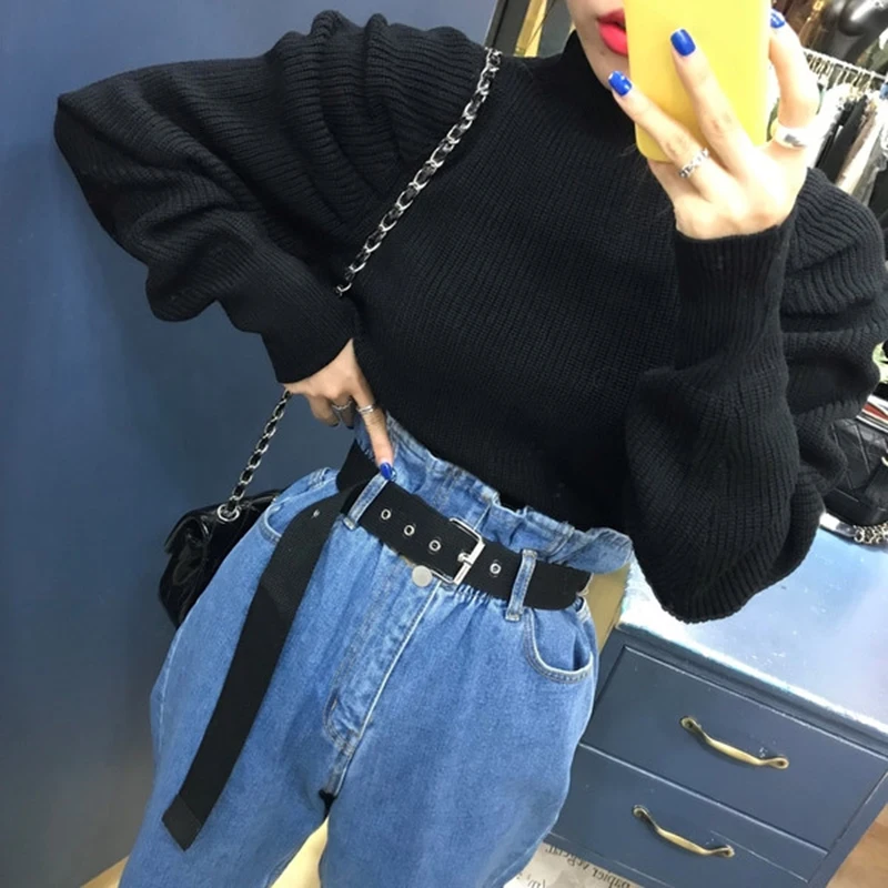 Винтажные минималистичные женские свитера с круглым вырезом и пышным длинным