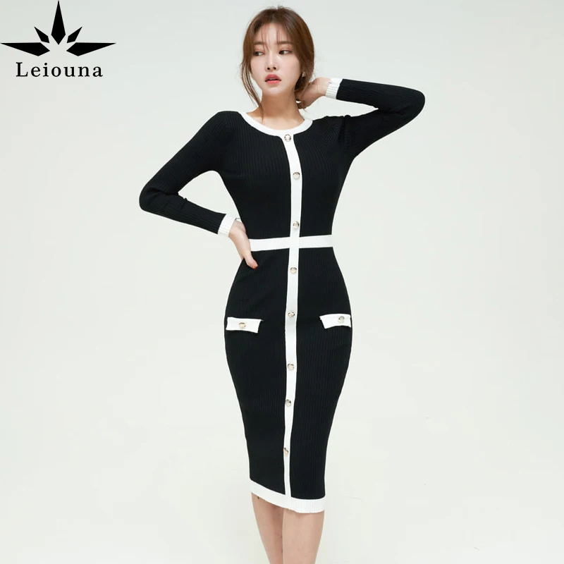 

Женское трикотажное однобортное платье Leiouna, Элегантное повседневное облегающее платье-свитер составного кроя с длинными рукавами на весн...