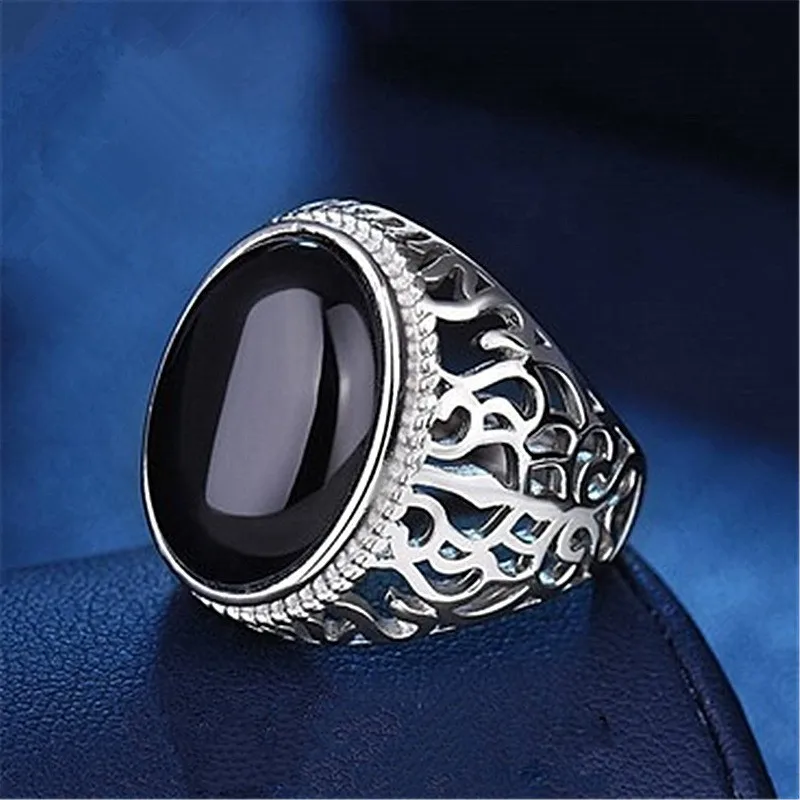 

Fashion Domineering Men's Open Adjustable Ring Inlaid Oval Crystal Engraving Geometric Pattern for Male Party Jewelry