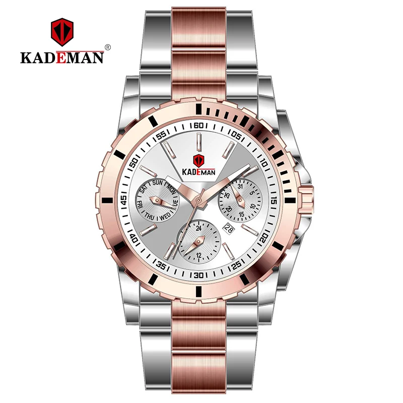 Two tone rose gold KADEMAN Женская мода платье кварцевые часы леди из нержавеющей стали Роскошные водонепроницаемые наручные часы простые девушки Relogio Feminino 6137L - Цвет: Two tone rose gold
