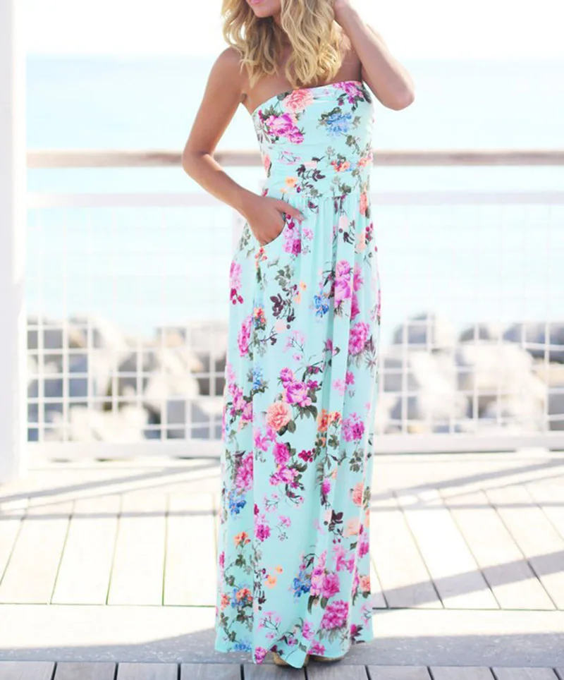 Women Maxi Boho Summer Dress Sexy Strapless Sundress Floral Beach Dresses Femme Robe Sleeveless Party New Color Mujer GV725| |