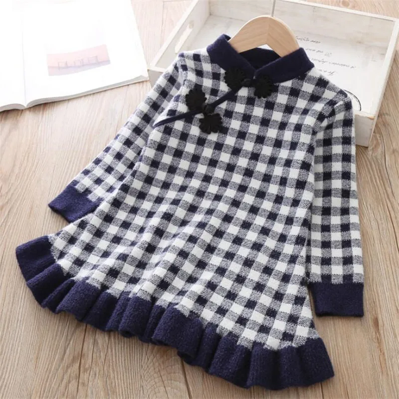 Navy blue Рождественское платье; платья для девочек в китайском стиле; осеннее клетчатое платье принцессы с длинными рукавами; зимняя детская одежда; От 1 до 5 лет - Цвет: Navy blue