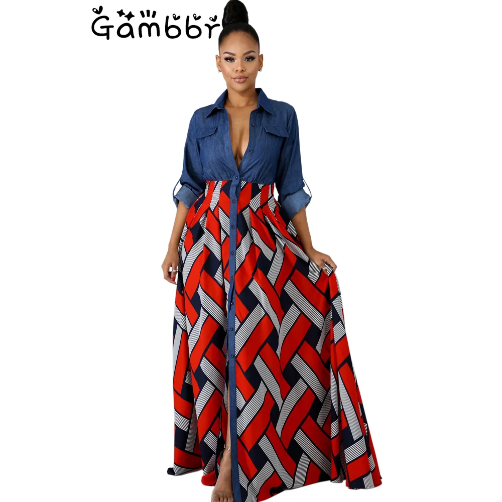 Женское джинсовое платье макси с длинным рукавом винтажное Свободное отложным