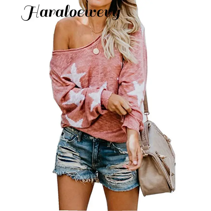 Sexy Off Shoulder Knitted Sweater Woman Autumn Streetwear Casual Loose V-Neck Stars Long Sleeve Print Pullover Large Size Tops | Женская