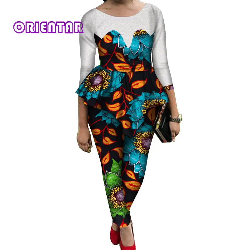 20 2 Pieces Sets Women African Pants Sets African Wax Print Long Sleeve Lace Tops and Pants Women Bazin Riche African Suits WY689 - Цвет: 20