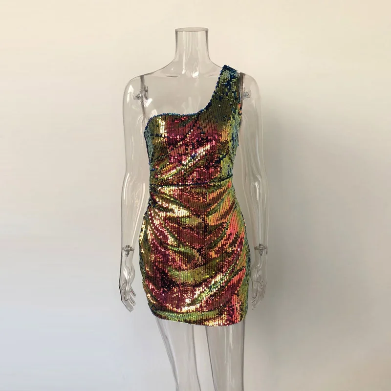 

Sexy Sleeveless One Shoulder Colorful Sequined Mini Dress New Backless Zipper High Waist Package Hip Ruched Dresses For Female