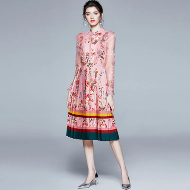 

Женское плиссированное платье с бантом на шее, элегантное дизайнерское лоскутное платье с длинным рукавом и оборками, элегантное платье с ц...