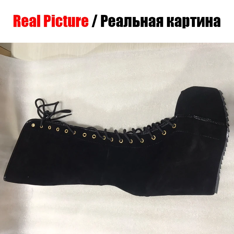 KARINLUNA/Брендовые вечерние сапоги до середины икры на высокой танкетке г. Женские зимние меховые сапоги на платформе со шнуровкой Женская обувь на высоком каблуке