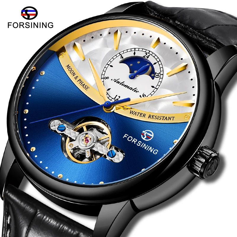Forsining Tourbillon автоматические мужские часы Moonphase синий дизайн натуральная кожа