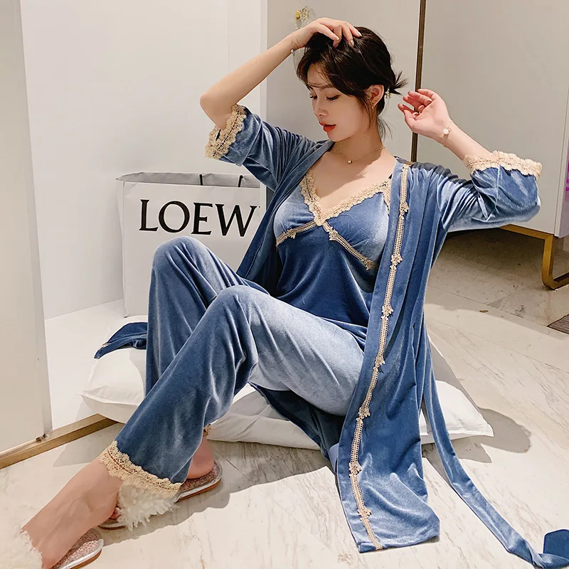 

Women Autumn Pajamas 3PCS Set Velvet Soft Comfortable Sleepwear Nightshirt Lounge Home Daily Casual Pants Loose Elegant