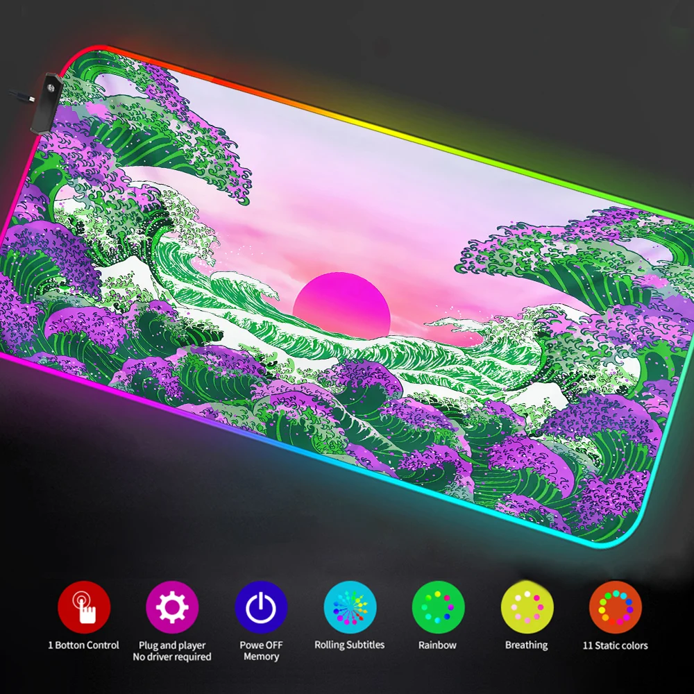 

Art japonesa onda do nascer do sol rgb anime mouse pad pink setup gamer mats with backlight XXL mousepad gamer led for gaming