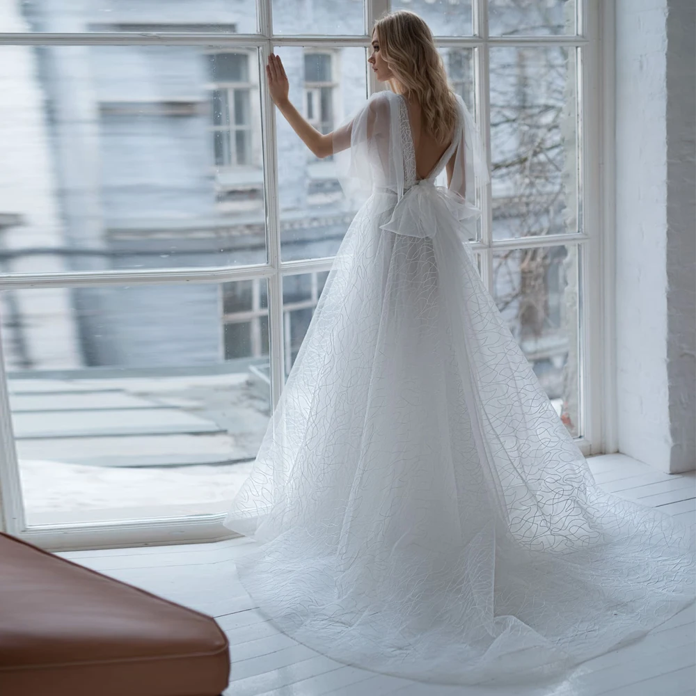 

Vestidos Elegant Wedding Dresses Tulle Illusion Lace Bows V-Neck Sleeveless Backless Ball Bridal Gowns