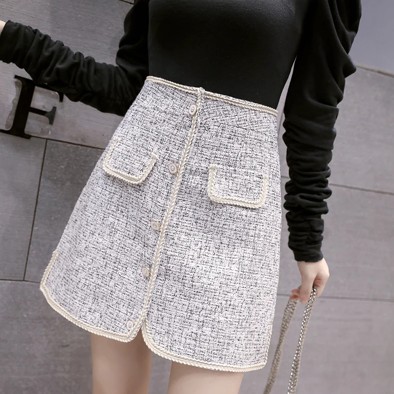 Осенне зимняя короткая твидовая шерстяная юбка женская элегантная мини с