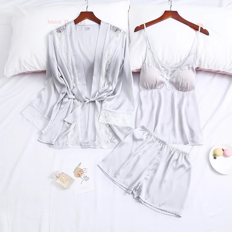 

Lace Perspective Robe Sets 3PCS Elastic Waist Shorts Pyjamas Suits Sexy Women Pajamas Sets Intimate Lingerie Sleepwear Nightwear