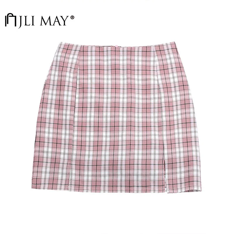 

JLI MAY Women's Mini Skirt Summer Sweet Plaid High Waist Slim Split Casual Short Pencil Skirts