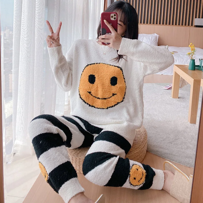Soft Pajamas Female Autumn and Winter Thick Coral Fleece Stripes Cute Smiling Face Warm Loungewear Set May Outerwear