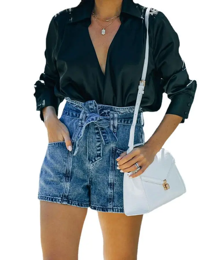 

Shorts Women Jeans Fashion Summer Loose Solid Sashes High Waist Button Zipper Female Short Pants Mujer De Moda Denim Trousers