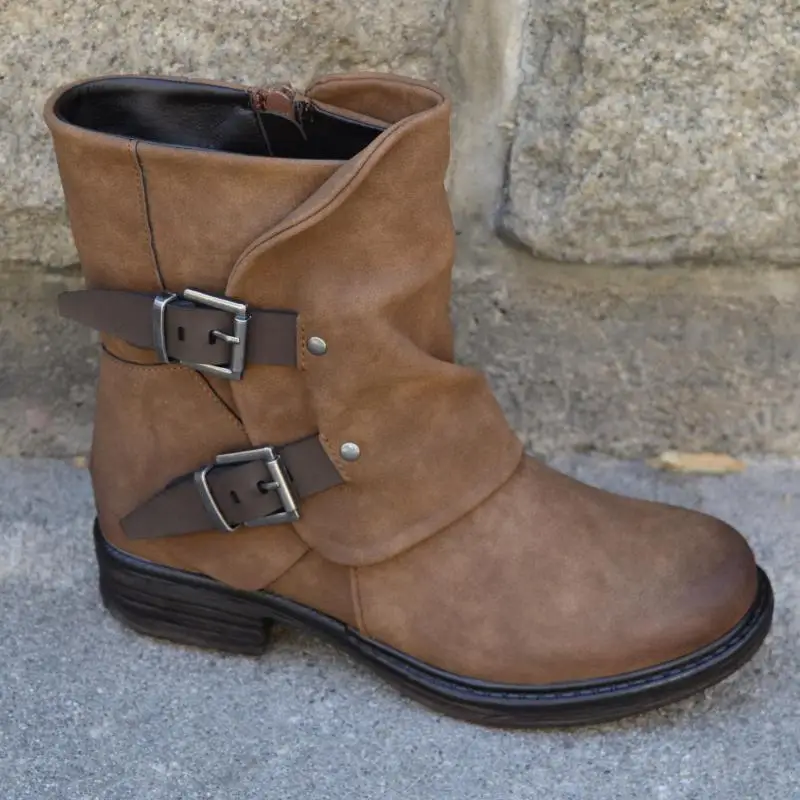 

Women's winter sexy fashion classic solid buckle faux leather denim retro work square heel flat shoes large size ankle boots