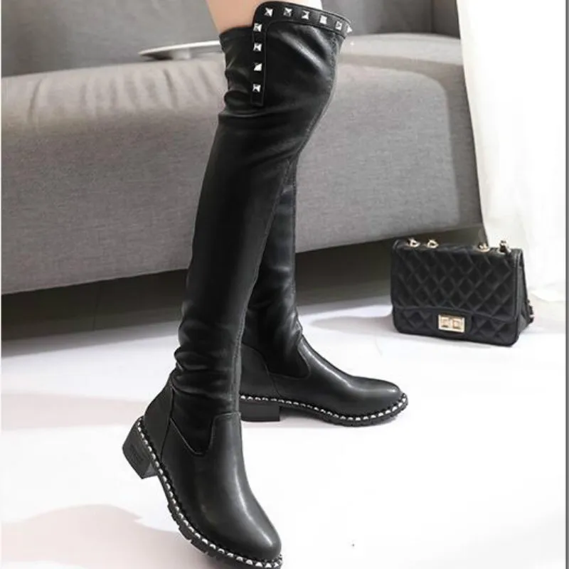Модные женские повседневные Сапоги выше колена на квадратном каблуке женская