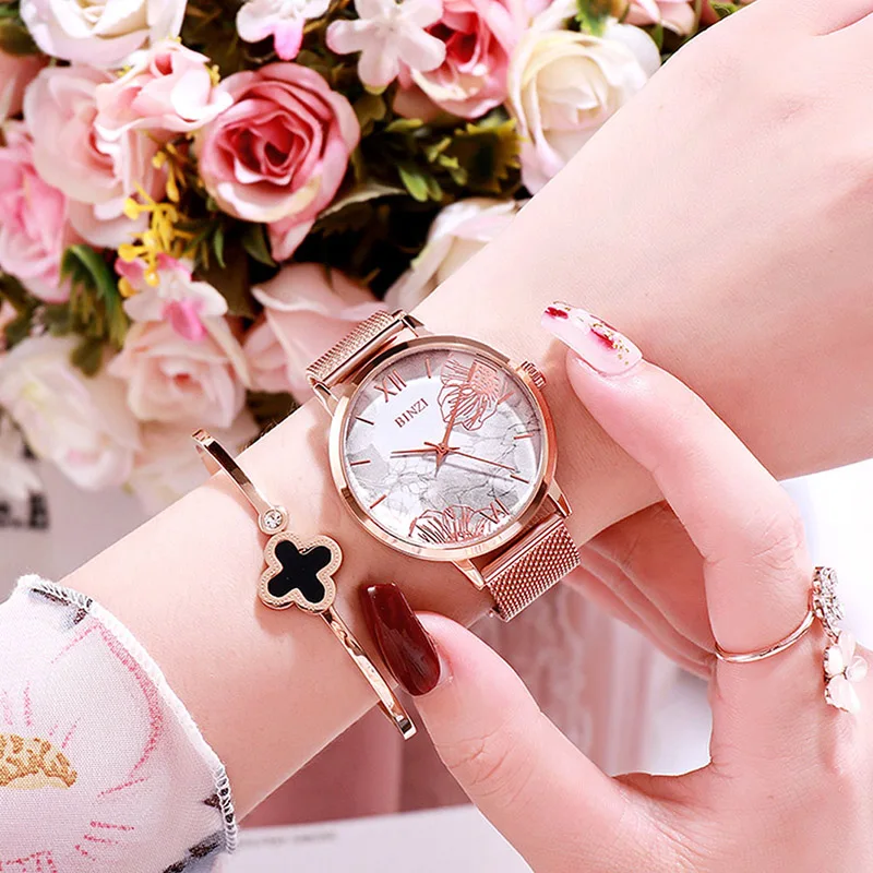 Нержавеющая сталь сетка розовое золото водонепроницаемые женские наручные часы