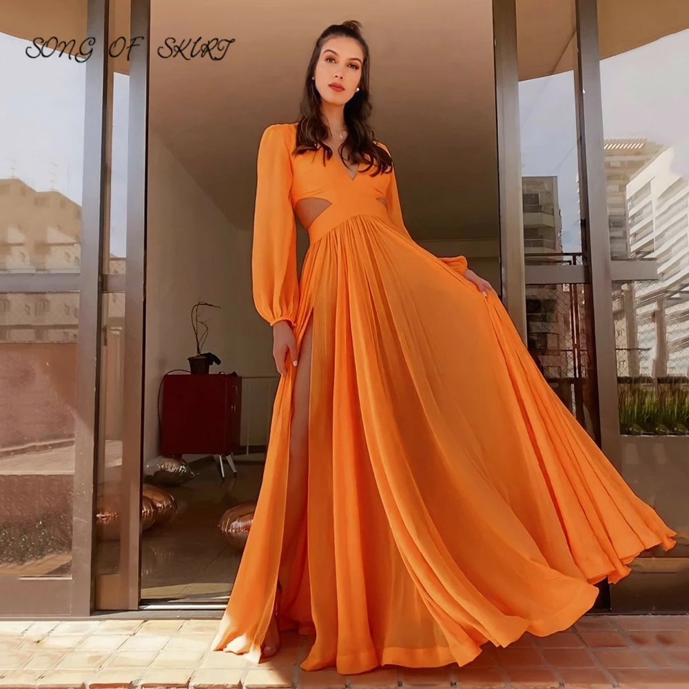 

Orange Prom Party Long Puff Sleeves Dresses High Split Hollow Out Waist V Neck New Year's Formal Gown Robe De Soirée Femme