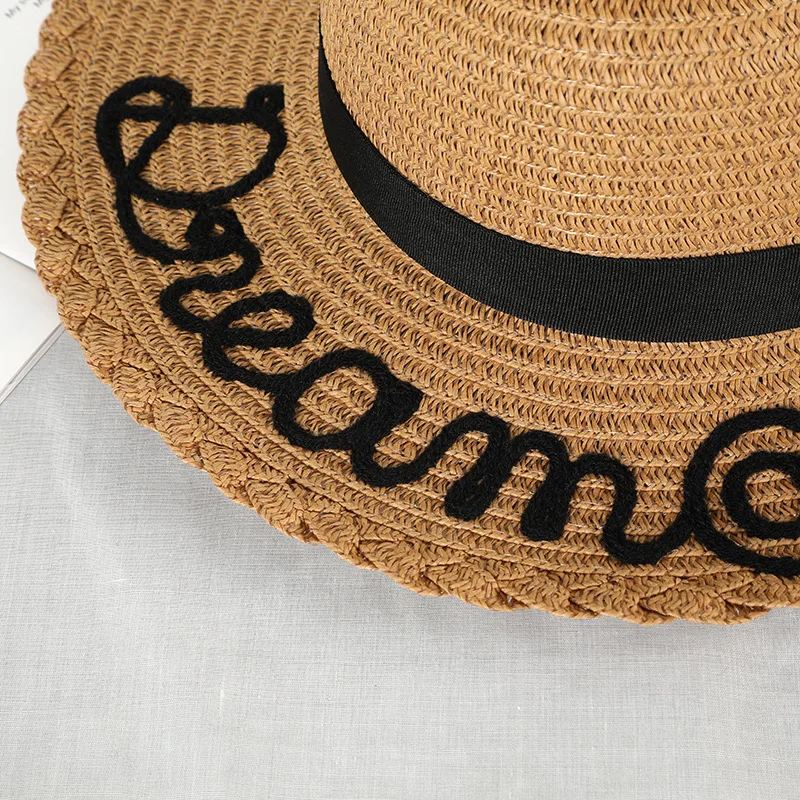 

OUNIAN002 Summer women ribbon straw hat Letter embroidery panama cap Sun cap Women Casual Beach holiday hat