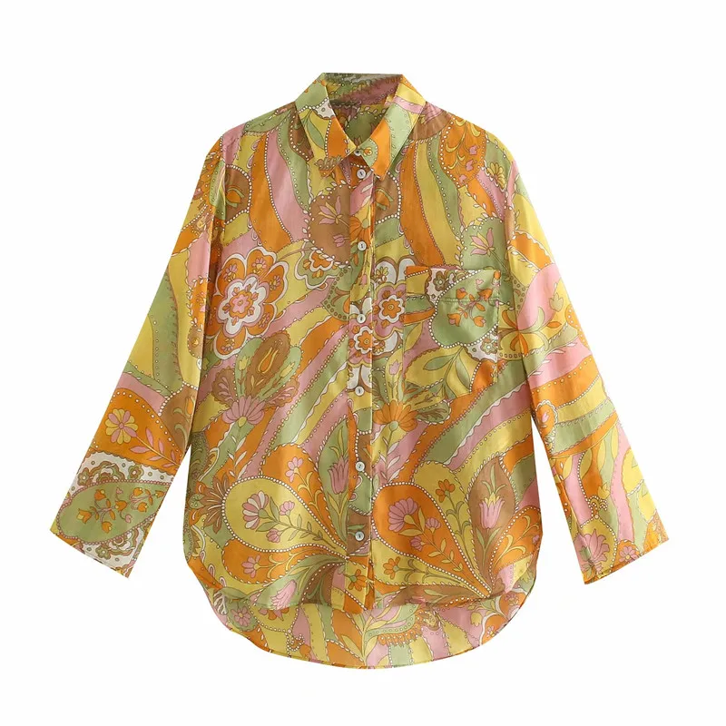 

Za 2021 Vintage Print Asymmetric Shirt Women Long Sleeve Front Patch Pocket Slim Summer Top Woman Side Slits Casual Fit Blouse