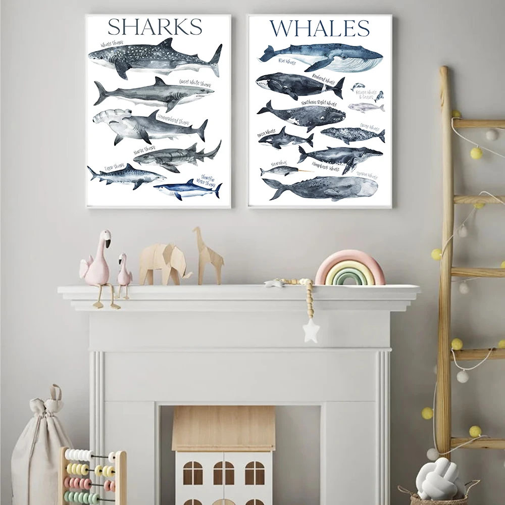 

Bstract Whale Print Nursery Wall Art Canvas Painting Shark Poster Beach Nautical Wall Picture Decor Living Room Wall Decoration