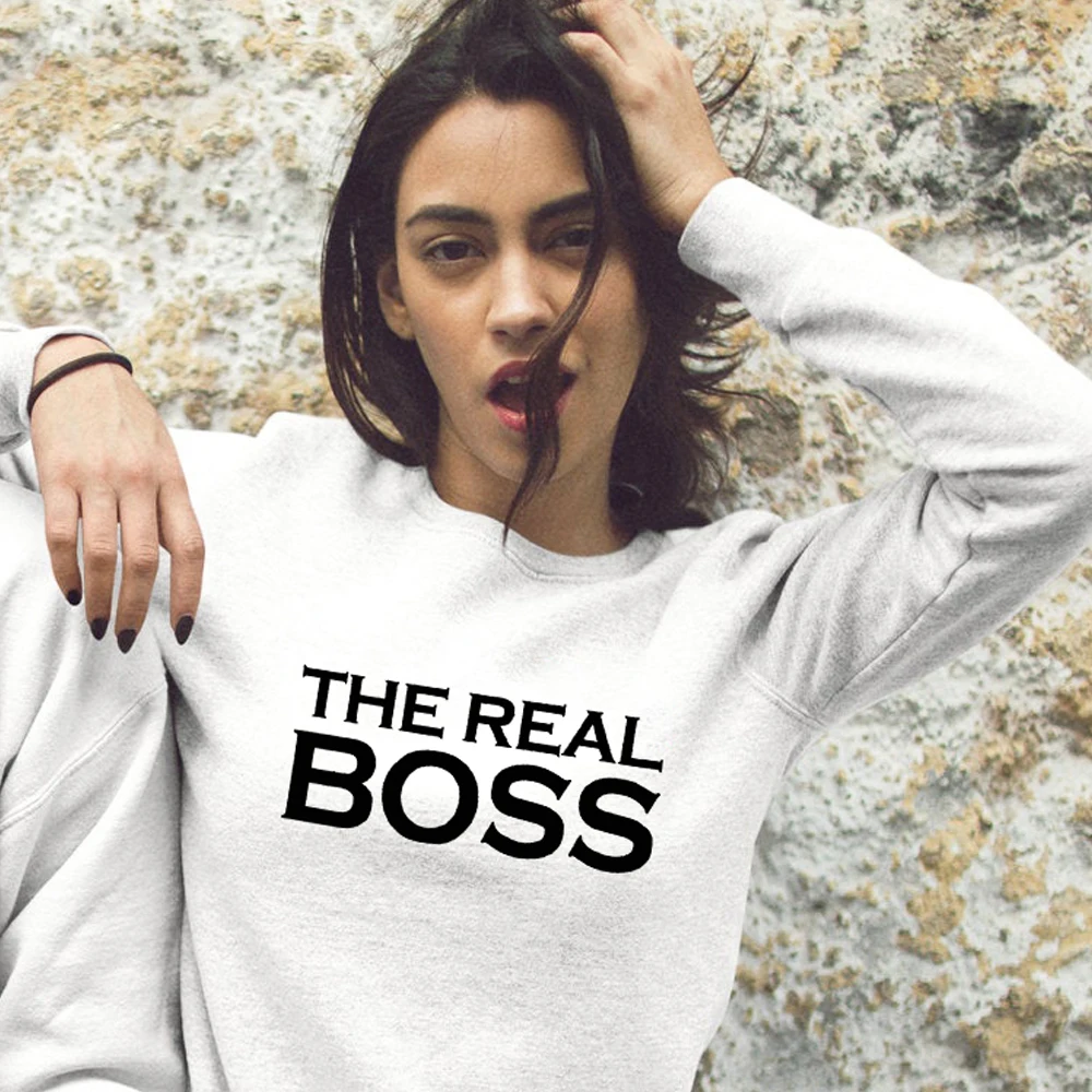 the real boss-white Толстовка для пар с надписью «The Boss The Real Boss»; Повседневная осенне-зимняя одежда унисекс; хипстерский свитер; пуловер - Цвет: the real boss-white