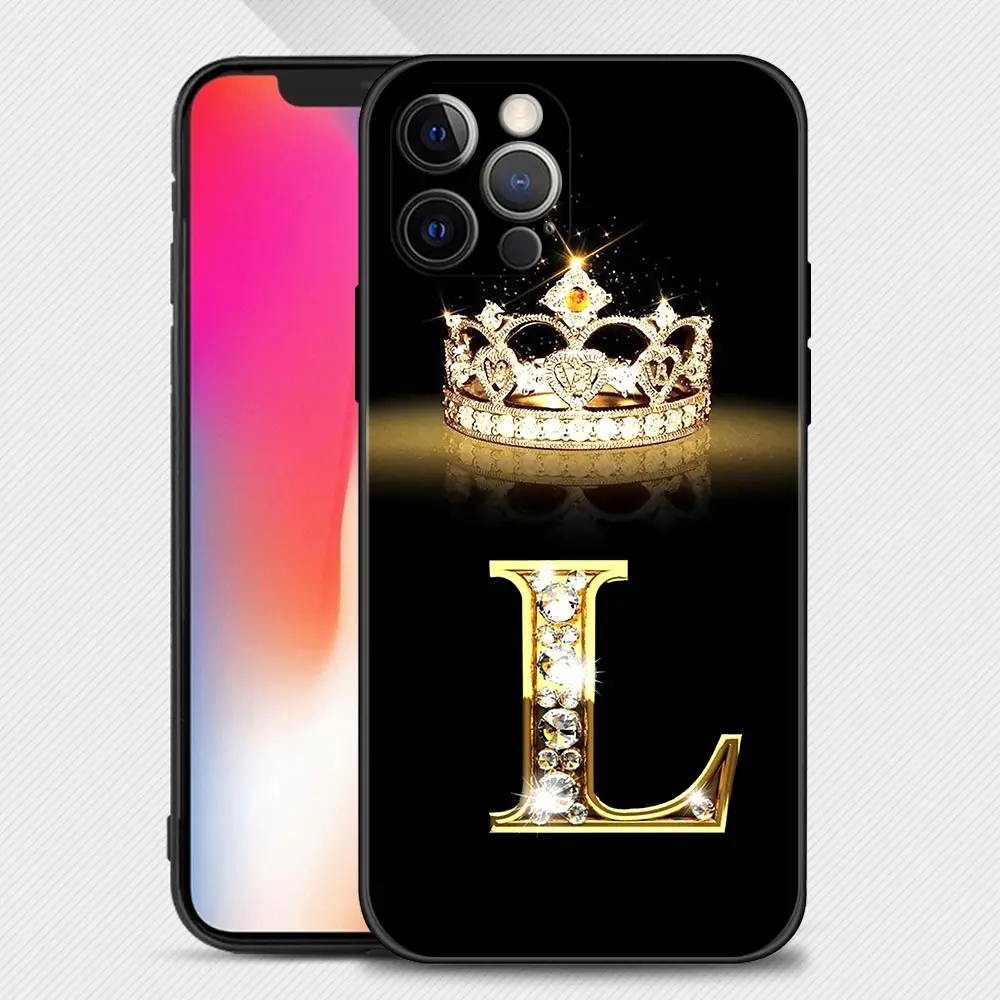 Case For iPhone 14 11 13 12 Pro Max XS XR X 8 7 6s 6 Plus 7 8 5 Soft Cover Fundas Silicone Capa Shell Diamond Crown Letter