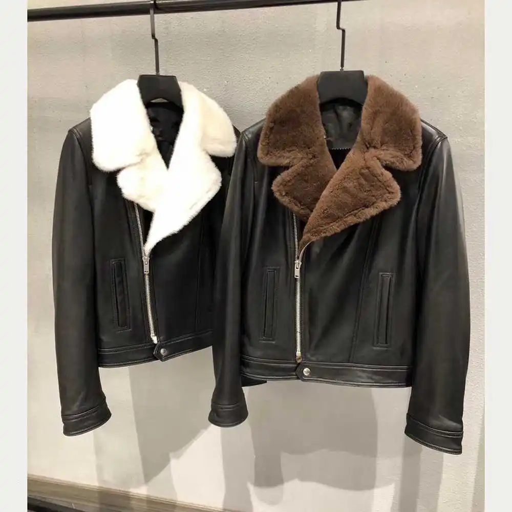 

Sheepskin Real 100% Genuine Women Coats 2021 Natural Sheepskin Leather Windbreaker Mink fur Jacket Soft H1202
