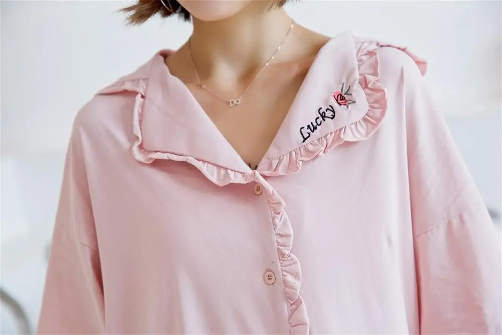 

Summer Women's Cotton Short Sleeves Plant Printed Pajamas Two Piece Set Of Lovely Ruffle Loose And Comfortable Home Clothingr