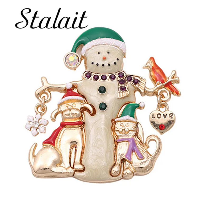 Рождественская новогодняя брошь в виде снеговика с собакой кошкой модная