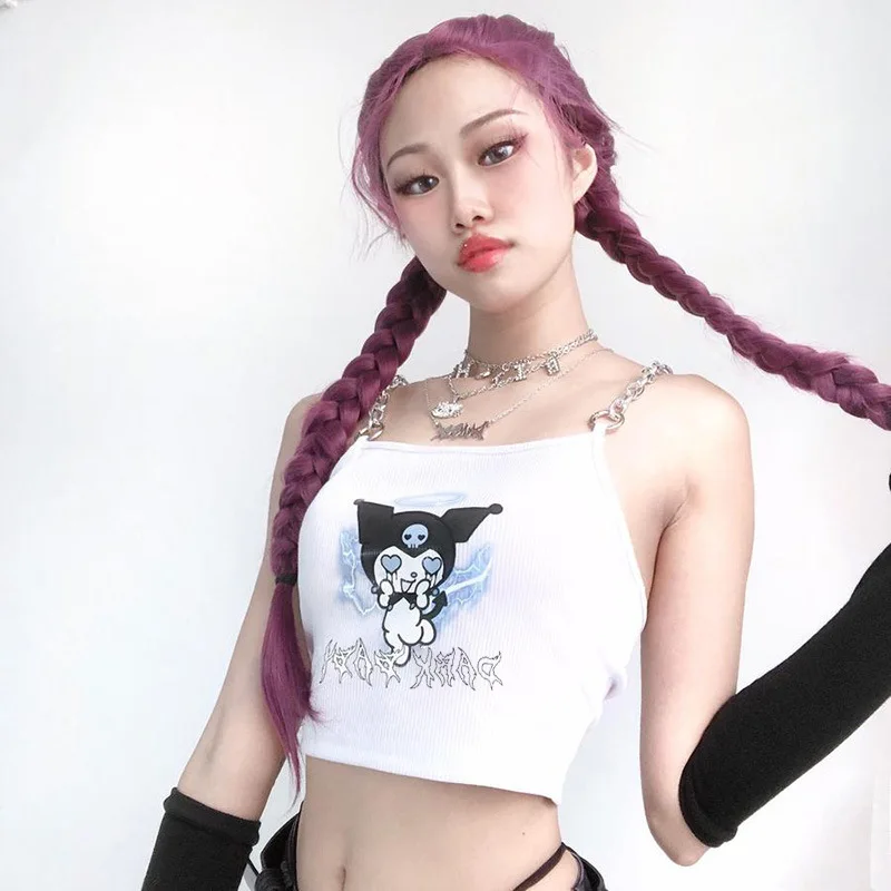 

Y2K Goth Demon Print White Camis Punk Sexy Metal Chain Patchwork Camisole Harajuku Streetwear Backless Cropped Tops