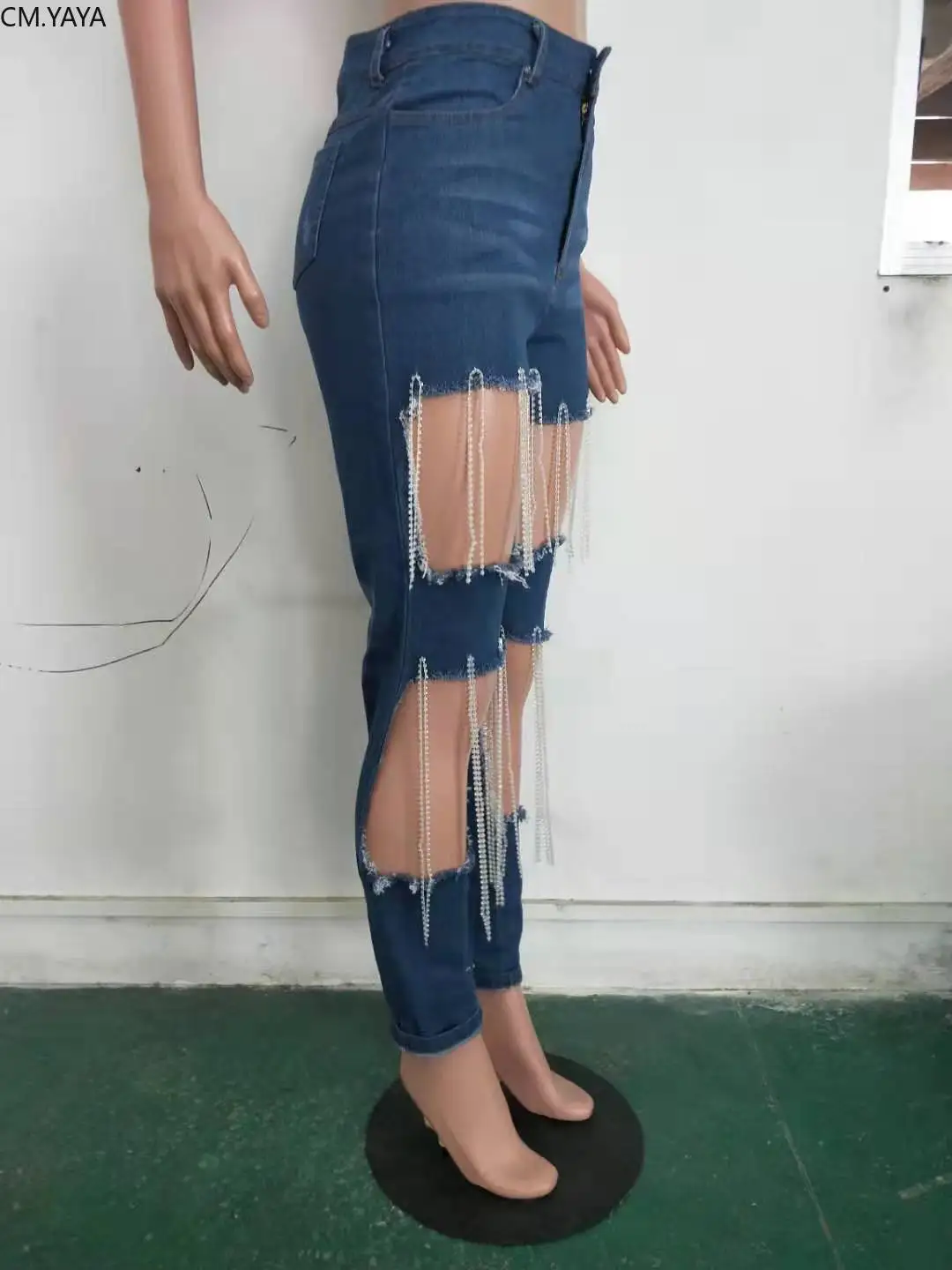 GL зимние джинсовые брюки женские Ретро рваные джинсы жемчуг с отверстиями