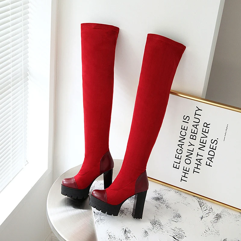 WETKISS Platform High Heels Boots Women Thigh High Boot Female Stitching Shoes Lady Round Toe Stretch Shoes Winter Plus Size 48