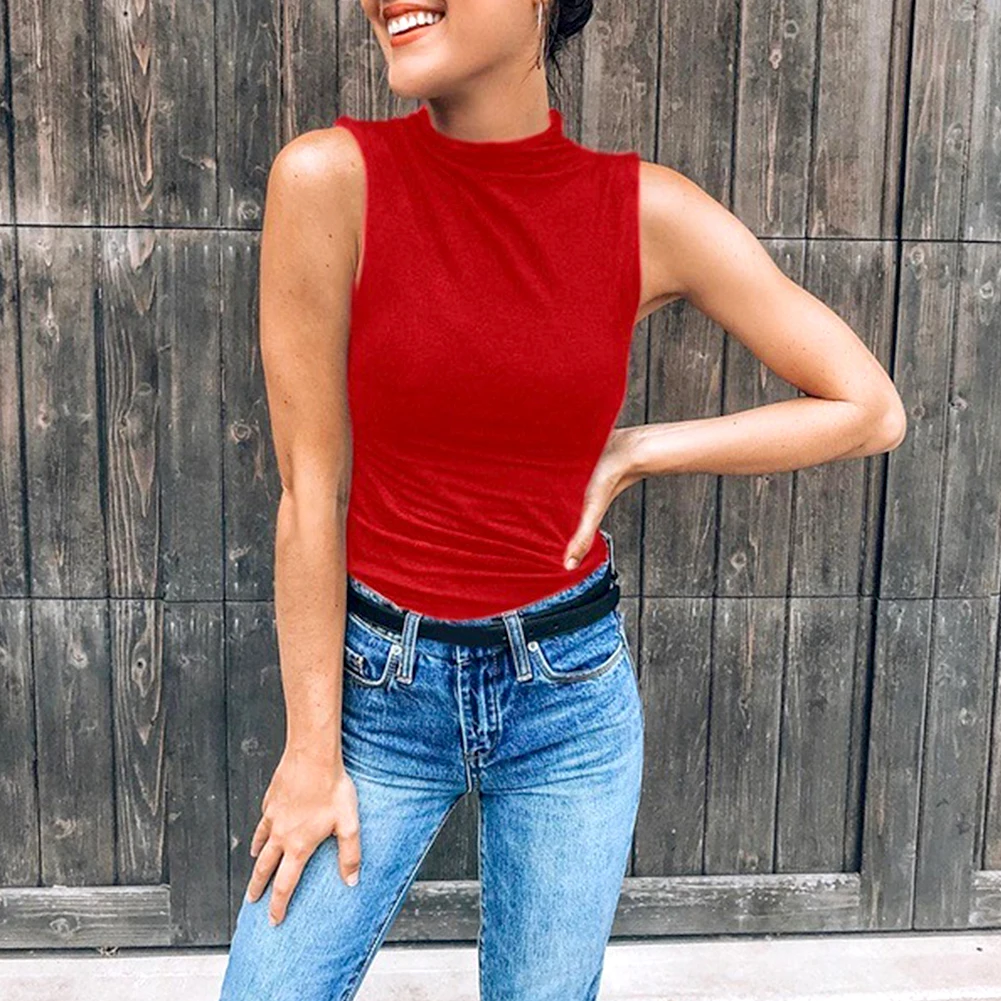 Summer Autumn Women Mock Neck Top Turtleneck Sleeveless T-shirt Slim Knitted Vest Female basic vest shirt top mujer verano 2020