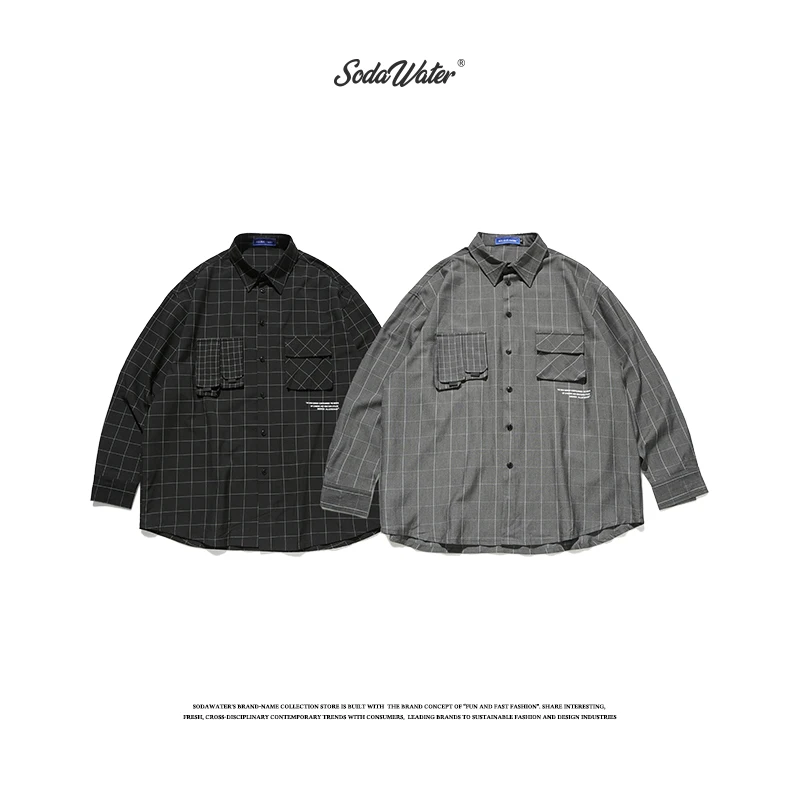 Sodaводяная мужская клетчатая рубашка оверсайз в японском стиле Повседневная с