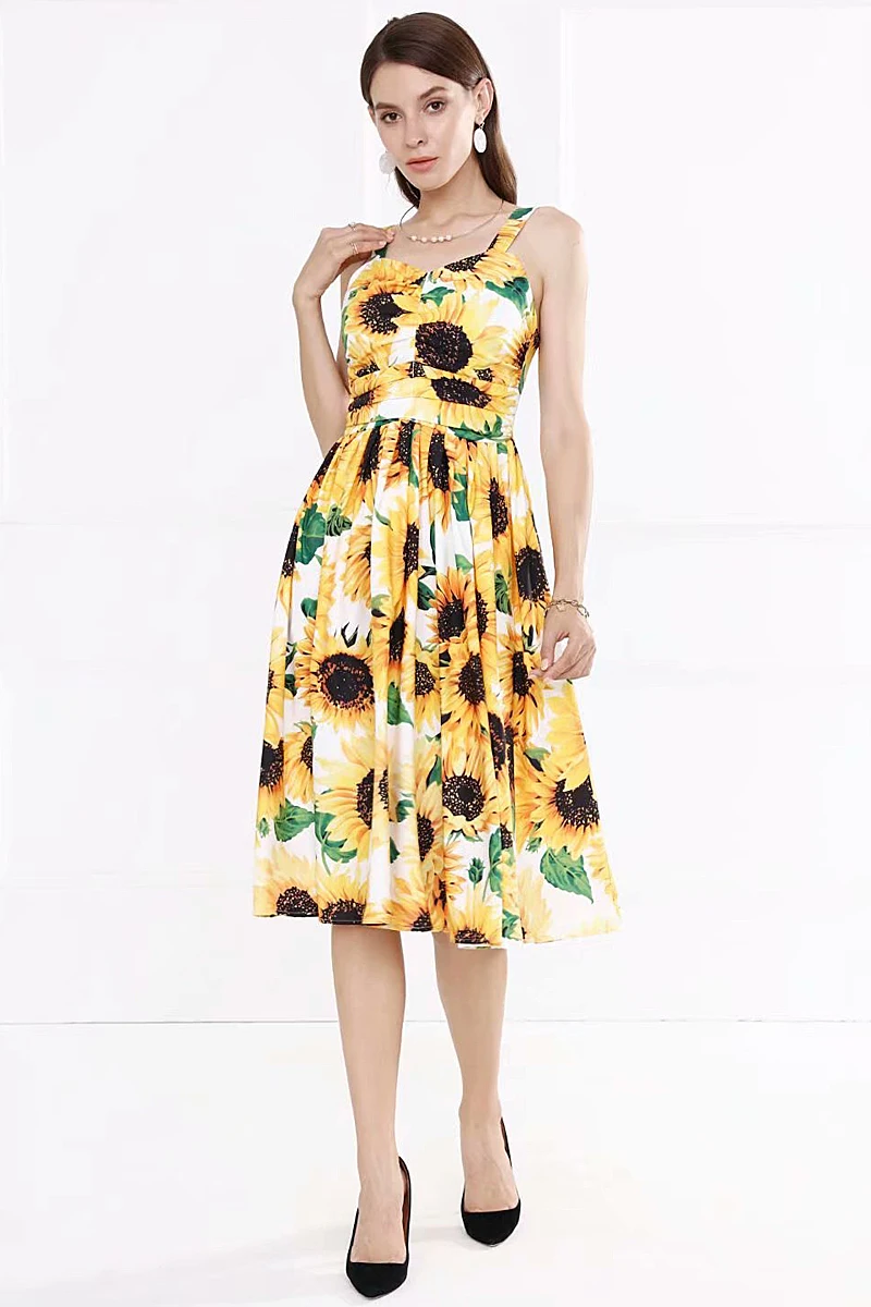 

High Quality 2021 Summer New Women'S Fashion Party Workplace Casual Beach Boho Elegant Chic Floral Print Sexy Sling Midi Dress