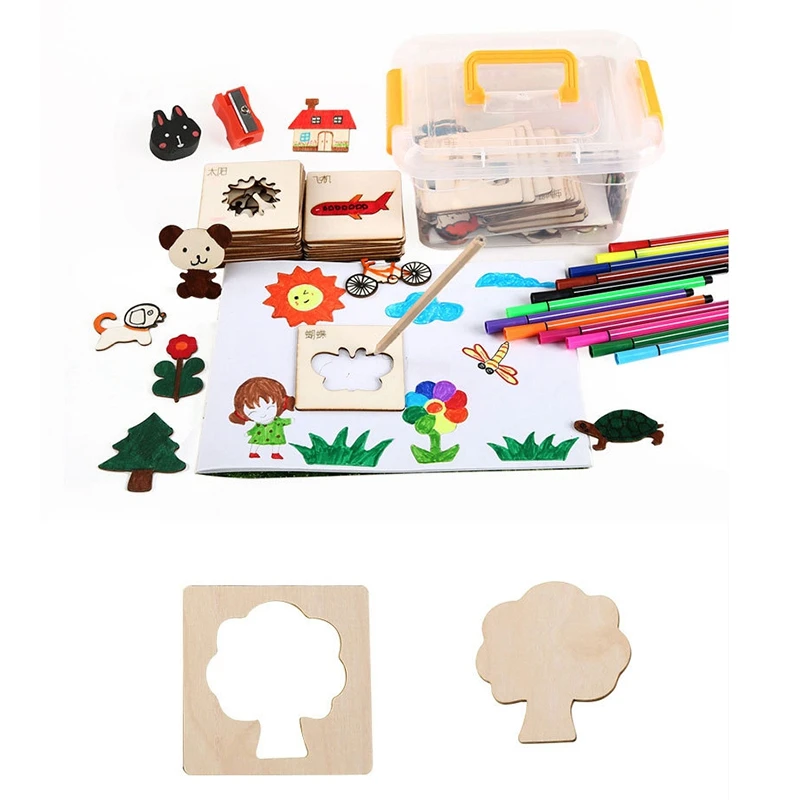 

80 Pieces Kids DIY Doodles Wooden Drawing Stencils Kits Painting Templates and Cutouts Set Early Learning Education Toy