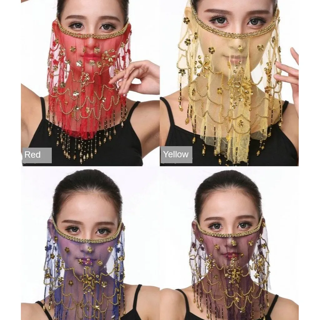 

Belly Dance Face Veil Shiny Beaded Bollywood Fringe Dancing Costume Cosplay