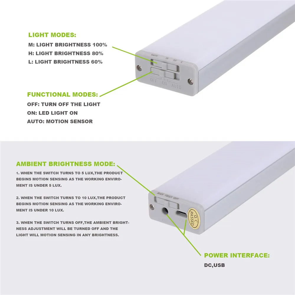 

PIR Motion Sensor 68 LED Closet Night Light Rechargeable Dimmable Under Cabinet Light for Cupboard Cabinet Kitchen Stairs
