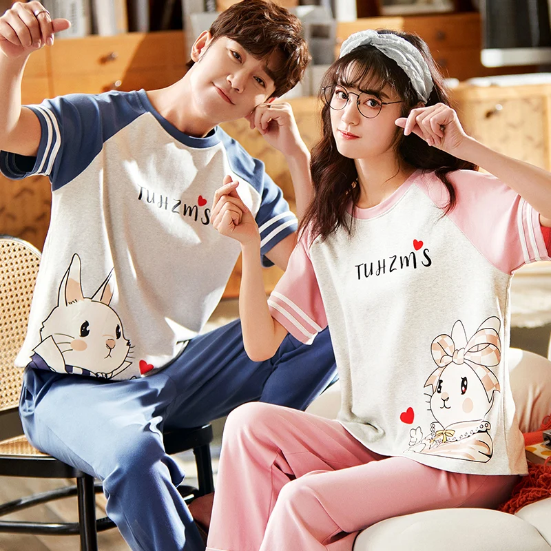 Summer Couple Sleepwear Thin Cotton Man Women pajama sets Cartoon pijama sleep tops Pants pijama masculino pijama mujer Freeship