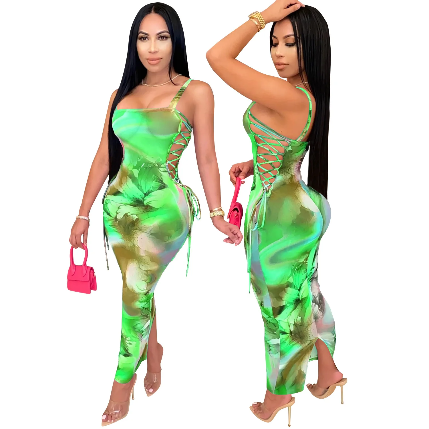 Zoctuo Tie Dye Print Maxi Long Dress Sexy Women Mesh See Though Club Spaghetti Strap Lace Up Side Bodycon | Женская одежда