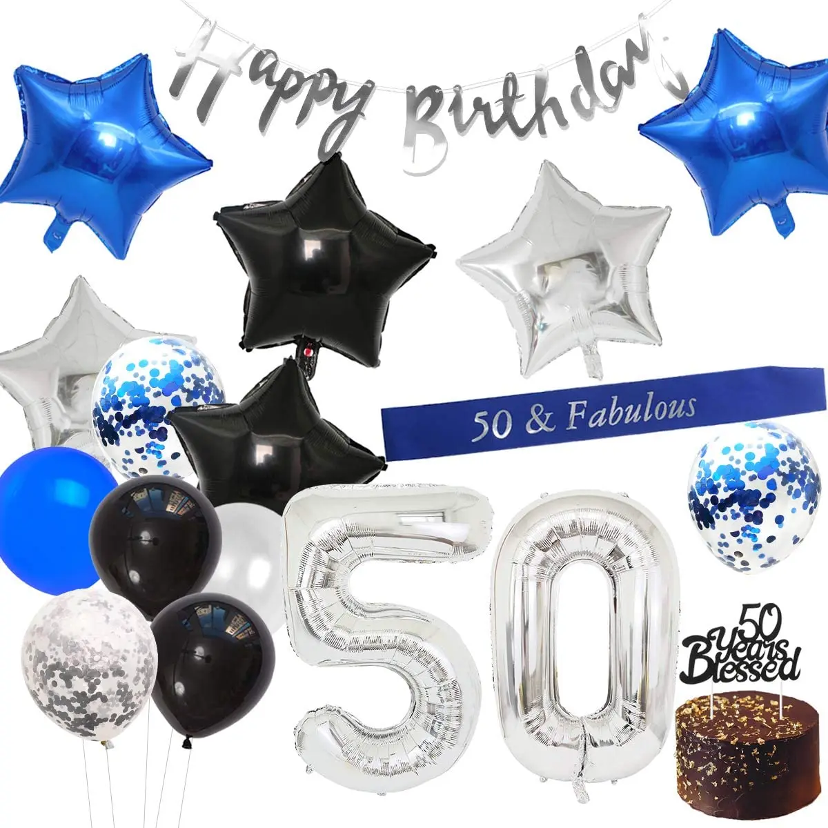 

50th Birthday Decorations Happy Birthday Banner 50 Years Blessed Sash Star Balloons for Men or Women Blue Fifty BirthdayParty