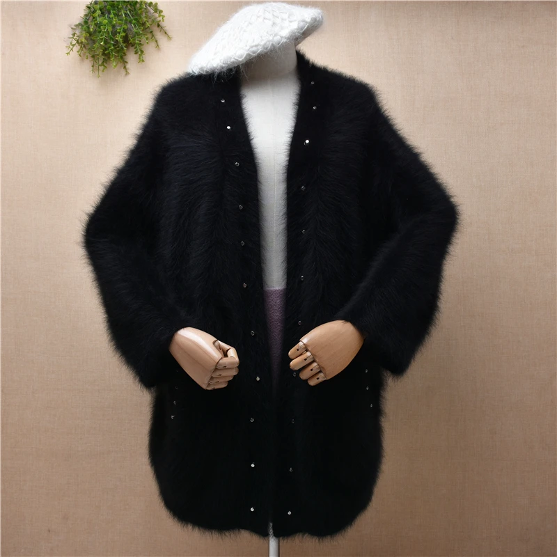

Высококачественный женский зимний теплый 100% норковый кашемировый вязаный Свободный кардиган с длинными рукавами размера плюс, свитер, Анг...