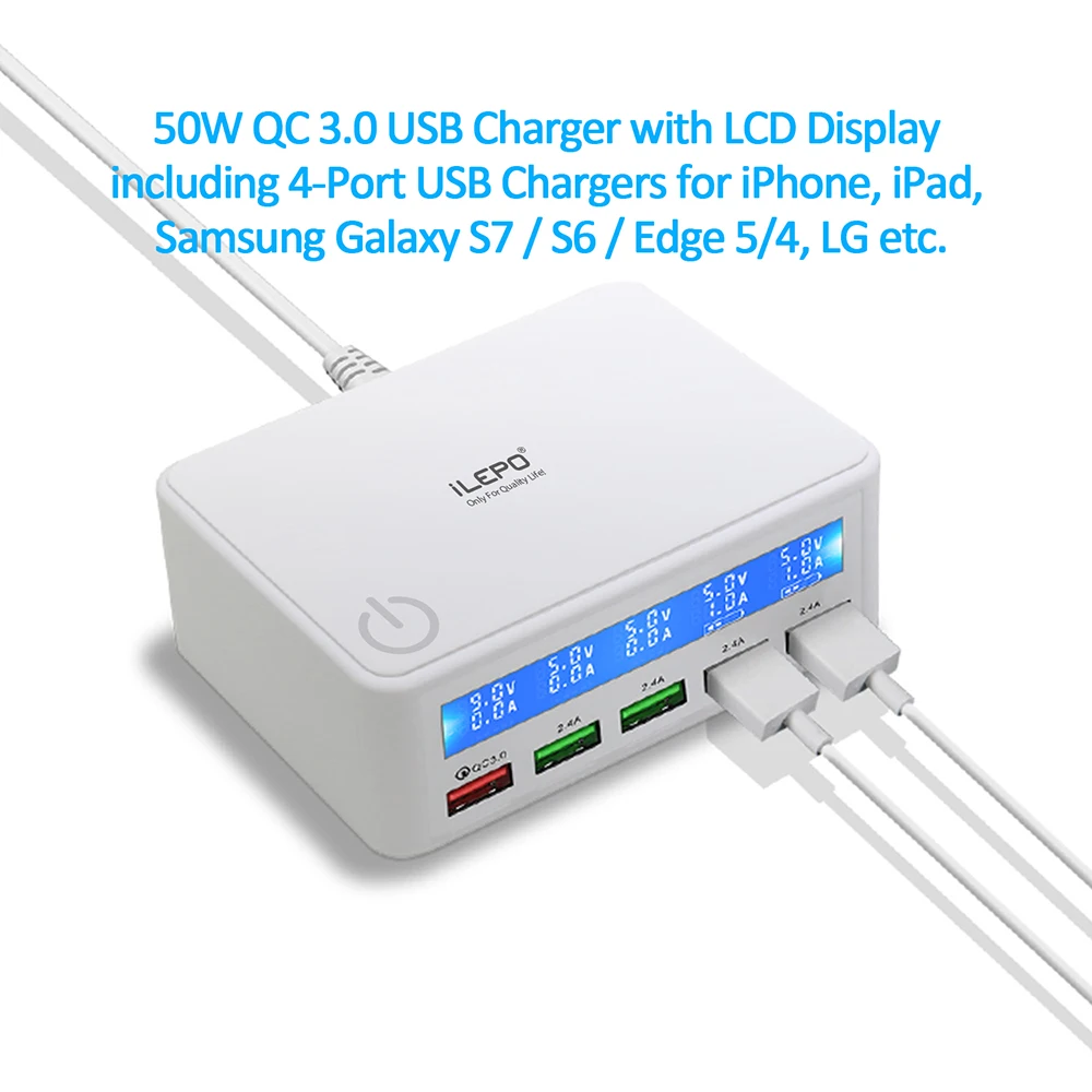 ilepo quick charge qc3 0 usb fast charger station 50w 5 usb a onff screen display safety charger for iphone ipad kindle tablet free global shipping