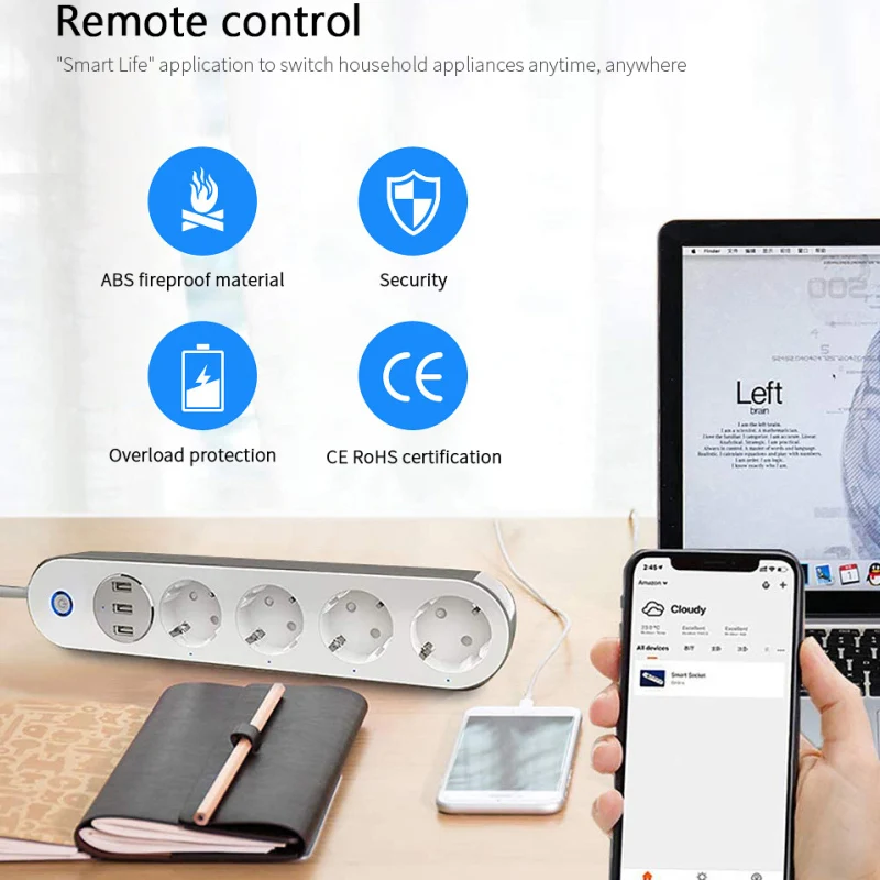 10A Tuya Wifi Smart Power Strip Electrical Socket 4 EU Plug Outlets 3 USB Charger Port For Life Alexa Google Home Alice | Обустройство